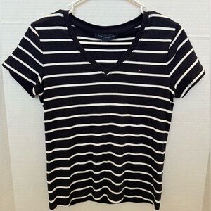 Tommy Hilfiger Women’s Blue, White Striped V-neck Short Sleeve Cotton Knit Shirt